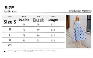 Tableau des tailles détaillé pour robe sans manches à pois avec affichage mannequin