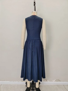 Deep blue sleeveless midi dress with V-neck and pockets in a relaxed minimalist design