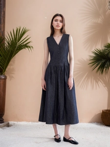 Women V-Neck Sleeveless Navy Blue Midi Dress With Pockets Elegant Button Vest Style Commuter Casual A-Line Summer Dress