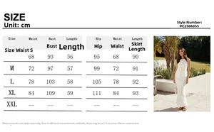 Detailed size chart for women's two-piece skirt set showing measurements from S to XXL