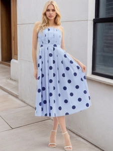 Robe Mi-longue à Pois pour Femmes Été Élégante Sans Manches Col Carré Dos Smoké Trapèze Rayonne Vacances Plage