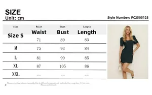 Detailed size chart for square neck button-up mini dress with measurements in centimeters