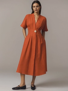 Abito Maxi Francese Con Scollo a V E Maniche Corte Da Donna In Misto Rayon E Lino Elegante Abito Camicia Tinta Unita