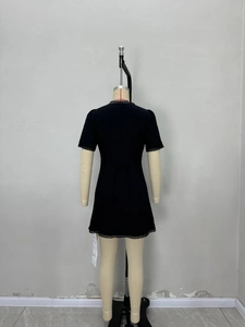 Elegant black square neck mini dress with lace trim and adjustable back lace-up waist detail