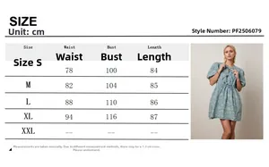 Detailed size chart for blue floral puff sleeve denim dress with bow tie front details