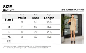 Size chart for khaki sleeveless dress with waist measurements and lacing detail