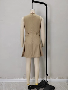Khaki sleeveless trench-style dress with buttoned waist details and back zipper