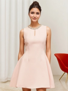 French Style Women Elegant Sleeveless A-Line Dress Rhinestone Beaded Neckline Light Pink Evening Party Mini Dress