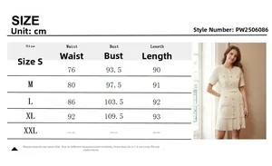 Size chart for French retro tweed pleated dress with waist measurements in centimeters