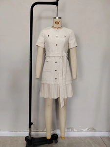 French vintage apricot tweed pleated mini dress with gold buttons and waist tie