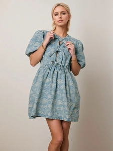 Women Elegant Denim Look Floral Jacquard Dress Retro Puff Sleeve Bow Tie High Waist Slimming A-Line Mini Dress