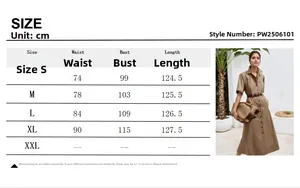 Detailed size chart in cm for short sleeve khaki lapel waist tie shirt maxi dress