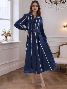 Women Elegant Navy Blue Long Sleeve Maxi Shirt Dress Lapel Button Down High Waist Belted Commuter Party Long Dress
