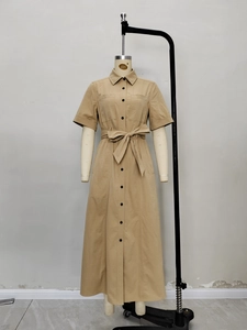 Khaki short sleeve shirt dress with lapel collar, button front, and waist tie belt