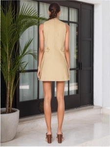 Khaki sleeveless A-line mini dress with back zipper and side button buckle details