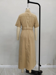 Khaki short sleeve shirt dress for women with belted waist and button detail back view