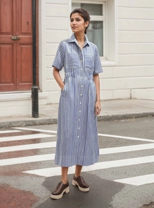 Vestido Camisero Casual de Mujer con Rayas Azules y Blancas Elegante Manga Corta Cuello de Solapa con Cinturón Maxi Vestido
