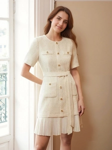 French Vintage Tweed Short Sleeve Round Neck Dress With Gold Buttons Belted Pleated Hem Mini Dress For Women Apricot
