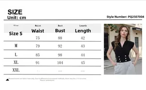 Size guide table for elegant black V-neck sleeveless top with pearl button details