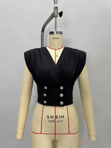 Elegant black V-neck sleeveless crop top with double-breasted pearl buttons and padding