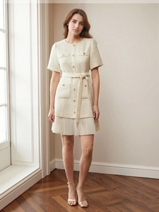 Elegant apricot tweed short sleeve pleated dress with waist belt and gold buttons