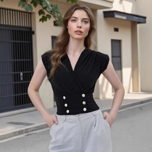Detail of elegant black V-neck sleeveless top featuring chic double-breasted pearl buttons