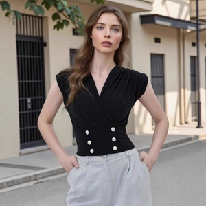 Detailed view of women black V-neck top featuring a slim waist and silver double-breasted buttons