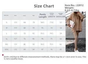 Size chart for women's oversized sweatshirt and pants set with detailed measurements