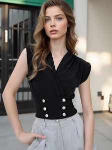 Elegant black V-neck sleeveless vest top with double-breasted buttons and slim fit waist