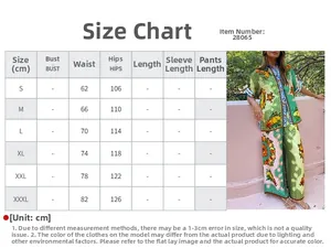 Detailed size chart for retro floral print blouse and wide leg pants set with measurements