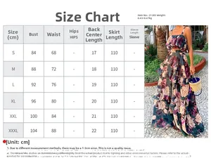 Detailed size chart for floral print crop top and tiered maxi skirt set measurements