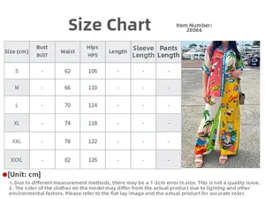 Size chart for women's vintage tropical print shirt and wide-leg trousers set