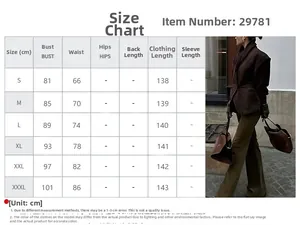 Tableau des tailles détaillé avec mesures pour veste blazer longue de couleur unie