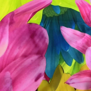 Détail macro du tissu à imprimé floral coloré aux motifs rose et bleu éclatants