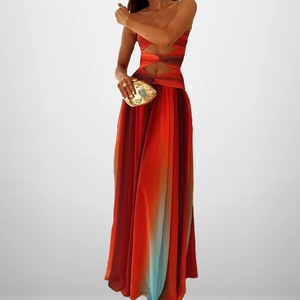 Sexy strapless maxi dress featuring vibrant gradient colors and waist cutout details
