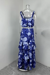 Detail view of floral print camisole with metal zipper and layered ruffle skirt back