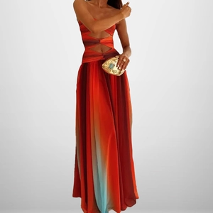Sleeveless strapless maxi dress with cutout waist and vibrant vertical gradient effect