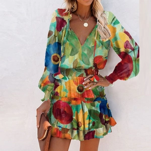 Mini robe fleurie à col en V avec manches longues et imprimé coloré pour femmes