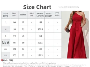 Size guide table for one-shoulder wide-leg jumpsuit with bust and waist measurements