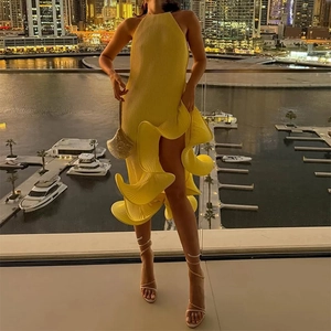 Elegant Halter Pleated Maxi Dress For Women Sleeveless Backless High Slit Ruffle Cocktail Party Prom Evening Long Dress