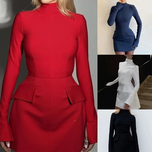 Detailed view of slim fit long sleeve mini dress featuring high neck and pocket flaps