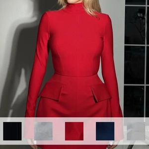 Close-up of the elegant slim fit red dress featuring high neck and waist flap pockets