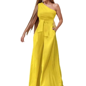 Chic one-shoulder bright yellow wide-leg jumpsuit with a matching waist belt