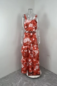 Detail view of bohemian dark red floral print tiered crop top and matching maxi skirt set