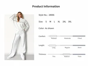 Detaillierte Größentabelle für weißen Sportanzug mit Kapuzenjacke und Streifenhose