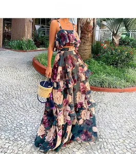 Detail of floral ruffle crop top and tiered maxi skirt set for summer resort style