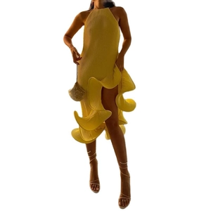 Bright yellow halter neck pleated dress with tiered ruffle hem and high slit design
