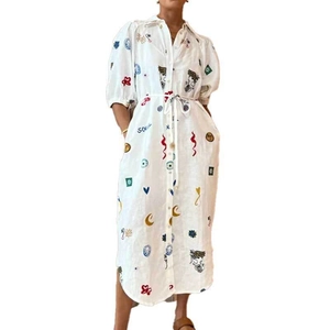 White floral print midi shirt dress with puff sleeves and waist tie for women