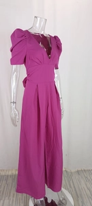 Detail of elegant magenta jumpsuit featuring back waist tie bow and deep V-neckline cut