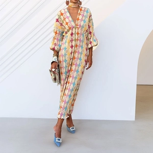 Elegant V-neck long sleeve maxi dress with colorful geometric floral prints for women